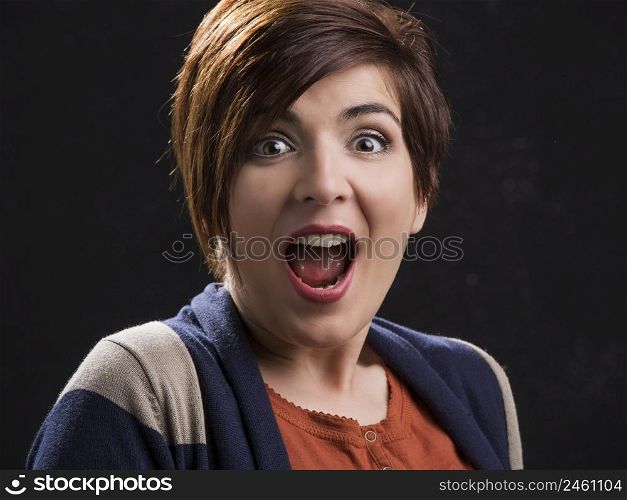 Portrait of a beautiful and happy woman with astonished expression