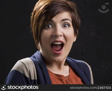 Portrait of a beautiful and happy woman with astonished expression
