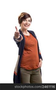 Portrait of a beautiful and happy woman with thumbs up, isolated over a white background