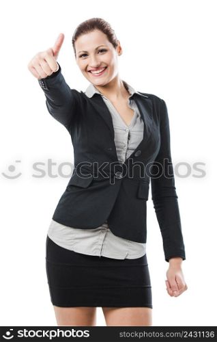 Portrait of a beautiful and sexy business woman with thumbs up
