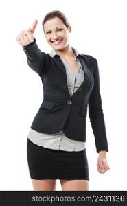Portrait of a beautiful and sexy business woman with thumbs up