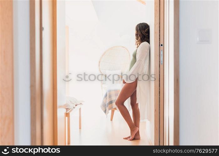 Portrait of a beautiful and sexy latin woman at home. Soft and natural light