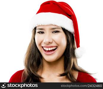 Portrait of a beautiful asian woman wearing a Santa’s hat isolated on white