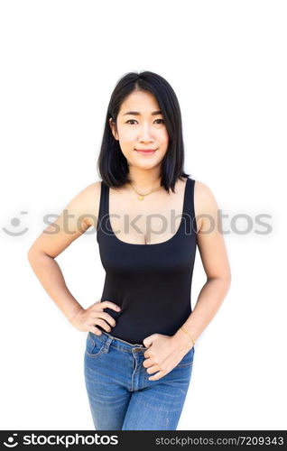 Portrait of a beautiful asian young woman in black shirt and blue jeans