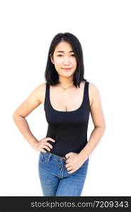 Portrait of a beautiful asian young woman in black shirt and blue jeans