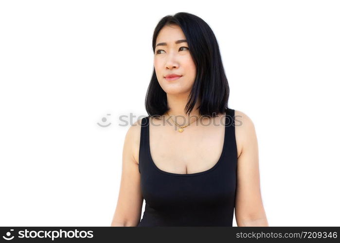 Portrait of a beautiful asian young woman in black shirt isolated on white background