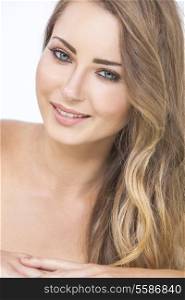Portrait of a beautiful blond young woman with green eyes smiling and blond hair
