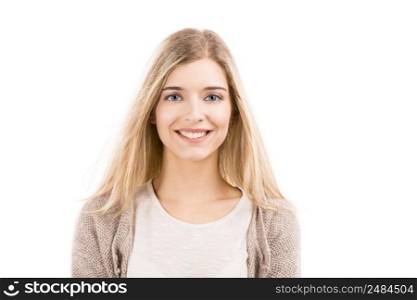 Portrait of a beautiful blonde woman smiling, isolated over white background