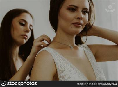 Portrait of a beautiful brunette bride who’s bridesmaid is fastening the clasp of a necklace around her neck, standing in a room by a window, close-up side view.. The bridesmaid helps to clasp the bride’s necklace.