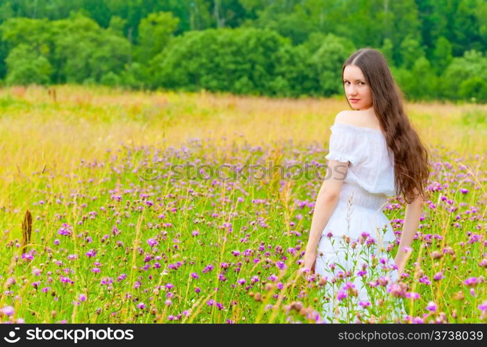 portrait of a beautiful brunette in a field of purple flowers