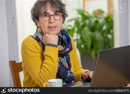 portrait of a beautiful brunette mature woman with laptop at home