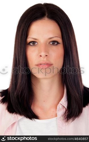 Portrait of a beautiful brunette woman looking at camera isolated on white background