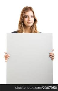Portrait of a beautiful business woman holding a blank billboard