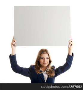 Portrait of a beautiful business woman holding a blank billboard over her head.