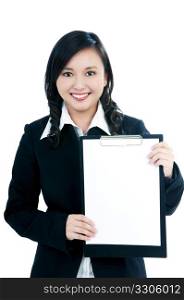 Portrait of a beautiful businesswoman holding clipboard