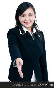 Portrait of a beautiful businesswoman offering handshake over white background.