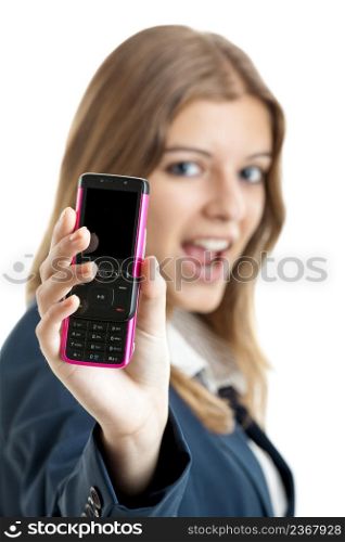 Portrait of a beautiful businesswoman using mobile phone - Focus is on the cellphone