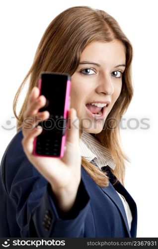 Portrait of a beautiful businesswoman using mobile phone - Focus is on the model