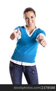 Portrait of a beautiful female student with thumbs up, isolated on white