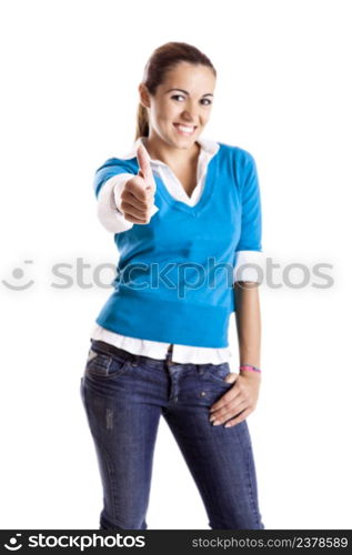 Portrait of a beautiful female student with thumbs up, isolated on white