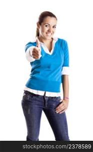 Portrait of a beautiful female student with thumbs up, isolated on white