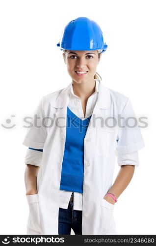 Portrait of a beautiful female technician, isolated over white
