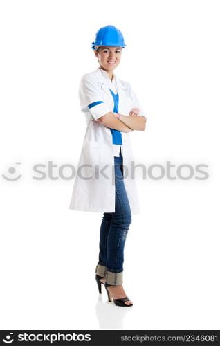 Portrait of a beautiful female technician, isolated over white
