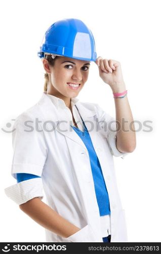 Portrait of a beautiful female technician, isolated over white 