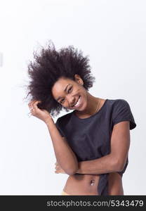 portrait of a beautiful friendly African American woman with a curly afro hairstyle and lovely smile isolated on a white background