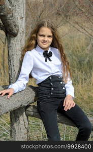 Portrait of a beautiful girl of ten years old, in the Gothic style, sitting on a wooden fence