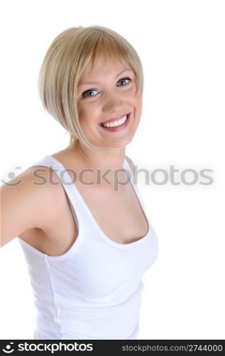 Portrait of a beautiful girl with snow-white smile. Isolated on white background