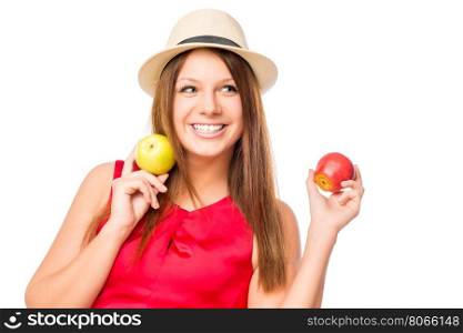 portrait of a beautiful girl with two apples in their hands