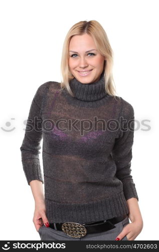 portrait of a beautiful happy woman in a knitted jacket