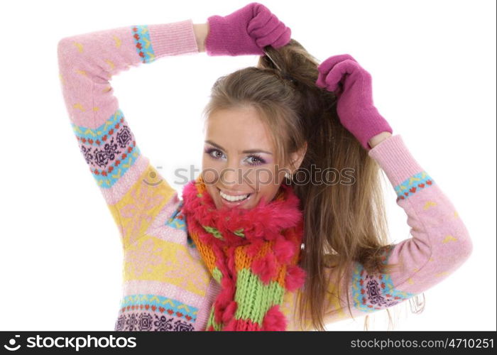 portrait of a beautiful happy woman in a knitted jacket