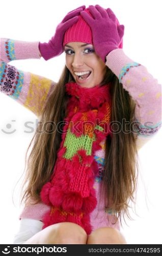 portrait of a beautiful happy woman in a knitted jacket