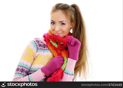 portrait of a beautiful happy woman in a knitted jacket