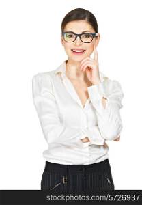 Portrait of a beautiful happy young woman in glasses and white office shirt- isolated on white background&#xA;