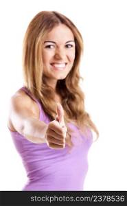 Portrait of a beautiful happy young woman showing thumbs up