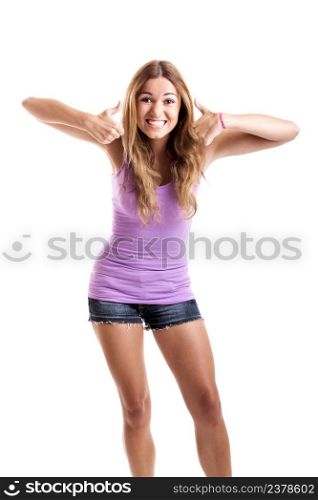 Portrait of a beautiful happy young woman showing thumbs up