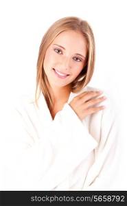 Portrait of a beautiful healthy young blonde woman in a white spa bath robe