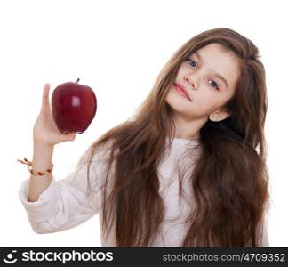 Portrait of a beautiful little girl holding a red apple, isolated on white background
