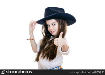 Portrait of a beautiful little girl in a black cowboy hat, studio on white isolated background