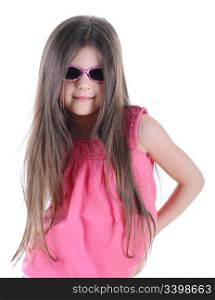 Portrait of a beautiful little long-haired brunette in sunglasses. Isolated on white background