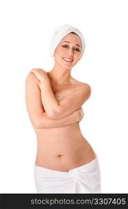 Portrait of a beautiful naked happy woman in towels with arms crossed covering breasts at spa bath shower, isolated.