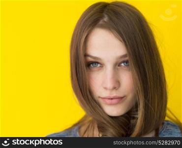 Portrait of a beautiful positive young woman while playing with her long silky hair isolated on yellow background