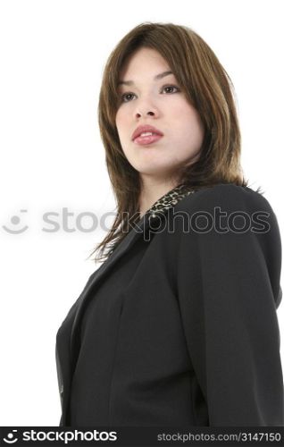 Portrait of a beautiful proud young Hispanic business woman in suit. Shot in studio over white.