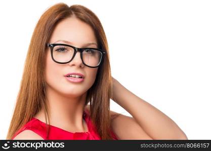 portrait of a beautiful secretary with glasses on a white background