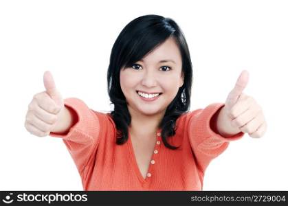 Portrait of a beautiful woman giving thumbs up sign