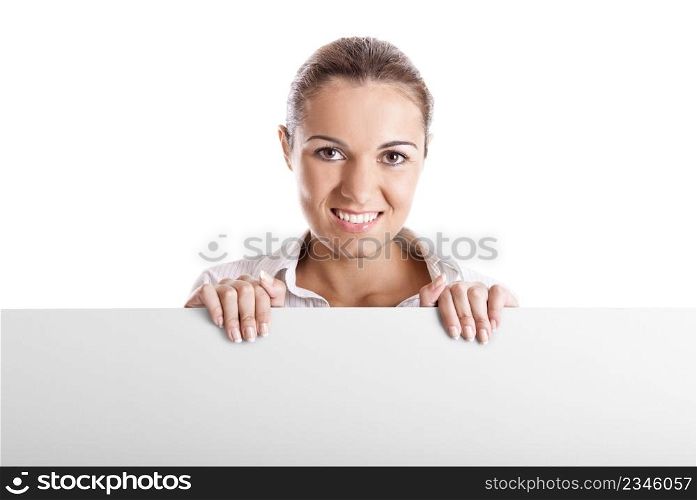 Portrait of a beautiful woman holding a blank billboard