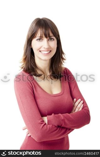 Portrait of a beautiful woman looking at the camera with hands folded, isolated over a white background